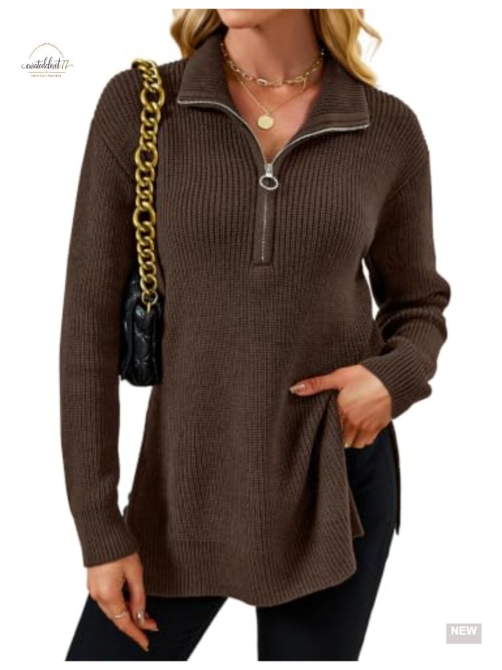 Women's Oversized Quarter Zip Chunky Knit Pullover Sweater Tunic